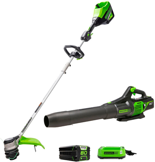 Greenworks - 80 Volt 16-Inch Cutting Diameter Straight Shaft Grass Trimmer and Axial Blower (1 x 2.0Ah Battery and 1 x Charger) - Green