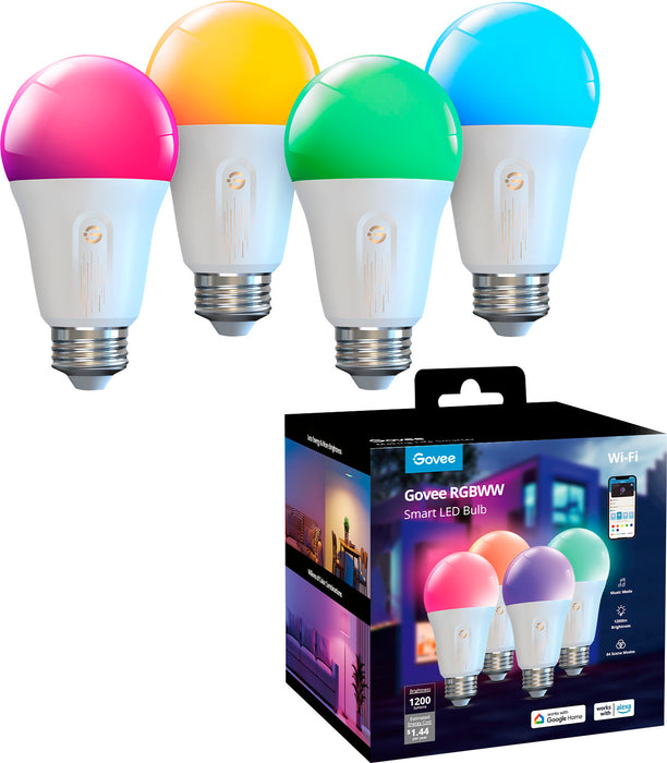 Govee - Wi-Fi 1200LM RGBWW LED Bulb (4-Pack) - RGB