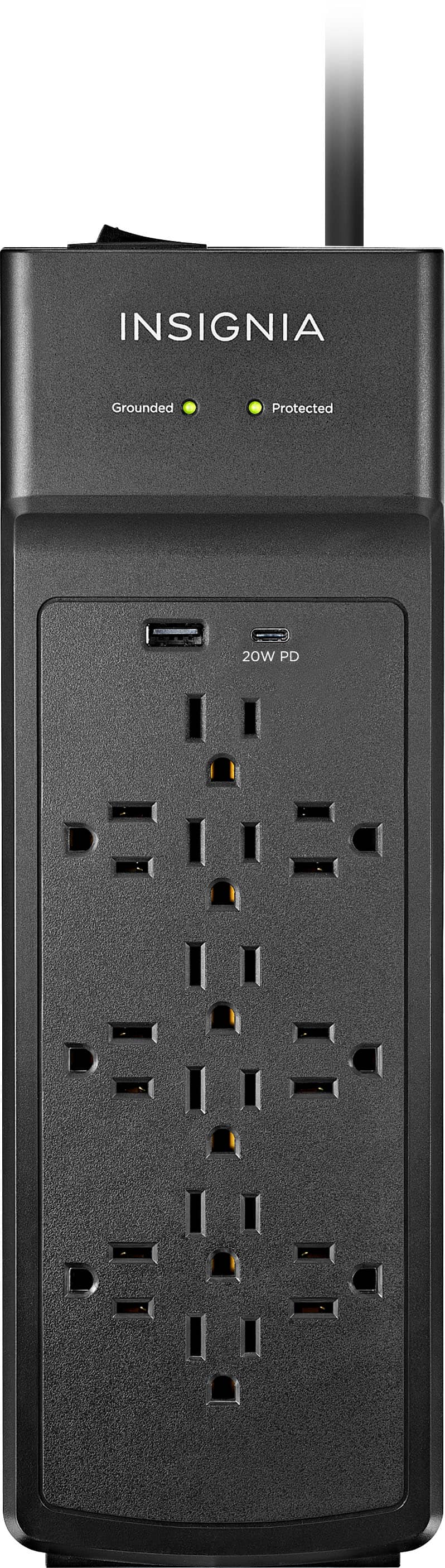 Insignia - 12-Outlet/1-USB-C/1-USB 3600 Joules Surge Protector Strip - Black