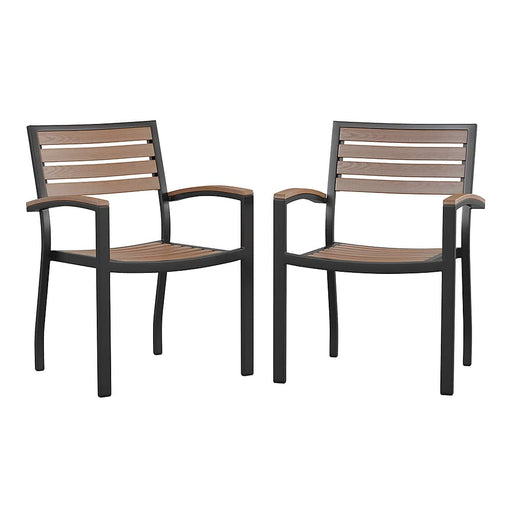 Alamont Home - Lark Set of 2 Stackable All-Weather Black Aluminum Patio Chairs with Faux Slats - Teak