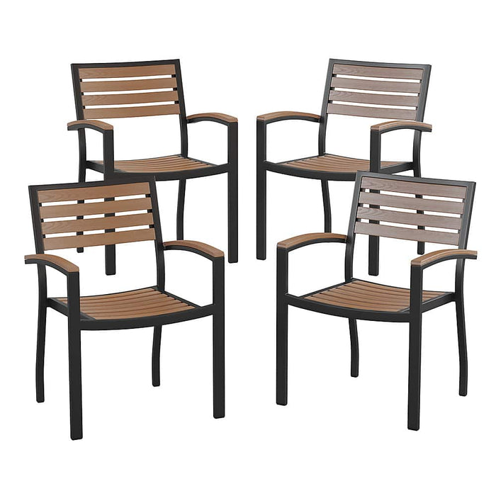 Alamont Home - Lark Set of 4 Stackable All-Weather Black Aluminum Patio Chairs with Faux Slats - Teak