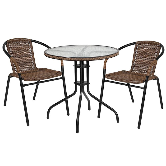 Alamont Home - Lila Outdoor Round Contemporary Metal 3 Piece Patio Set - Clear Top/Dark Brown Rattan