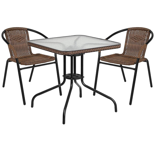 Flash Furniture - Lila Outdoor Square Contemporary Metal 3 Piece Patio Set - Clear Top/Dark Brown Rattan