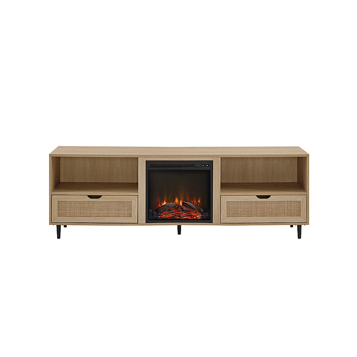 Walker Edison - Boho Rattan-Door Electric Fireplace Console - Coastal Oak