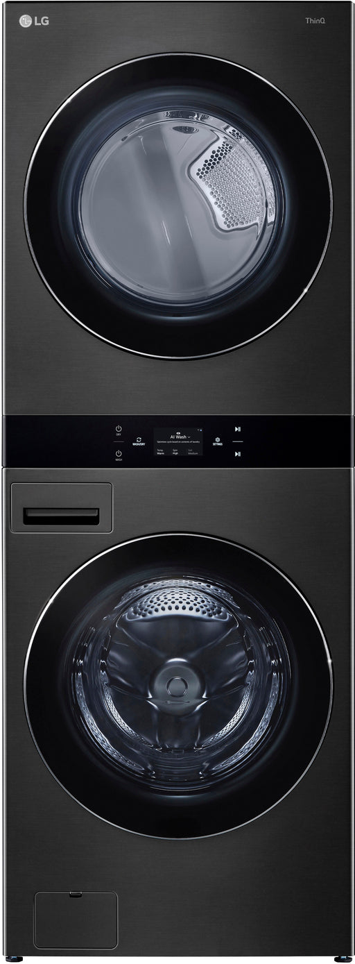 LG - 5.0 Cu.Ft. Front Load Washer and 7.4 Cu.Ft. Gas Dryer Tower-Black Steel