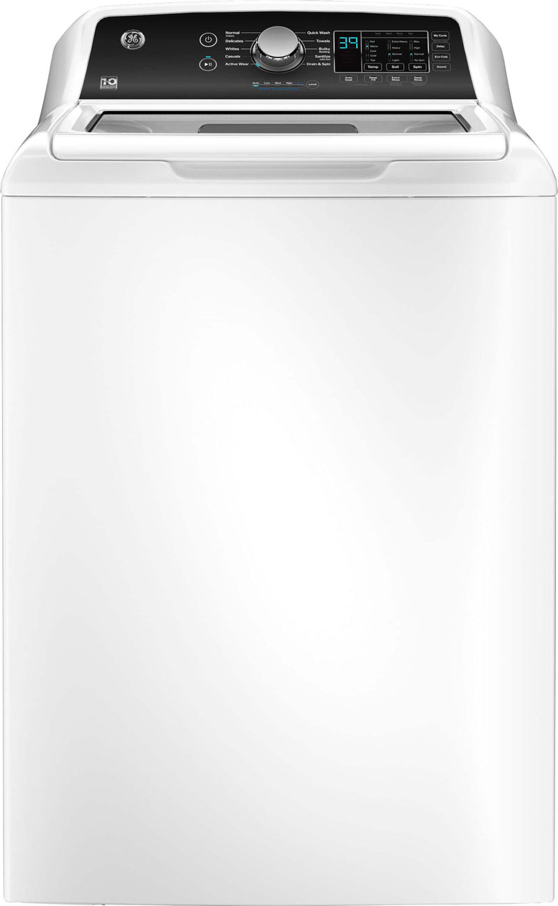 GE - 4.5 Cu. Ft. Top Load Washer with Water Level Control Deep Fill Quick Wash and Glass Lid - White with Matte Black