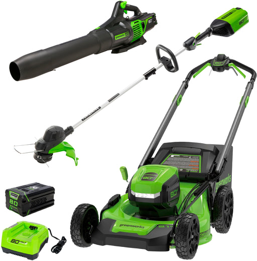 Greenworks - 80V 21 Lawn Mower 13 String Trimmer and 730 Leaf Blower Combo with 4 Ah Battery  Charger) 3-piece combo - Green