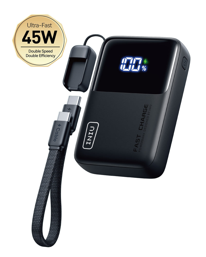 INIU - Portable Charger Market's Smallest 10000mAh PD 45W Power Bank with Layout USB-C Cable for iPhone Samsung Pixel etc - Black