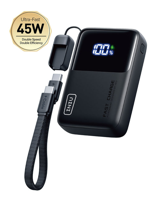 INIU - Portable Charger Market's Smallest 10000mAh PD 45W Power Bank with Layout USB-C Cable for iPhone Samsung Pixel etc - Black