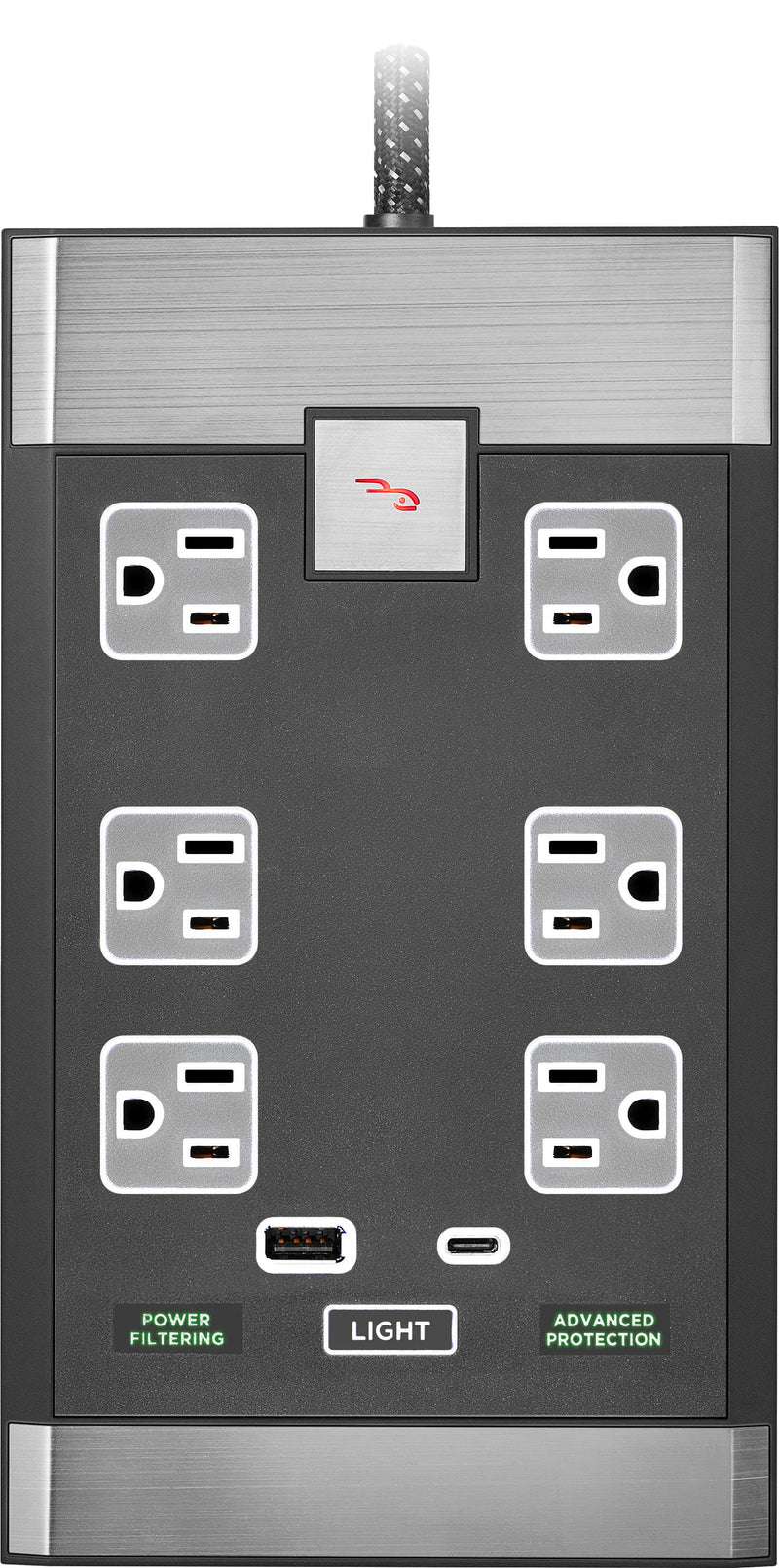 Rocketfish - 6-Outlet Strip Premium/1-USB-C/1-USB 2880 Joules Surge Protector - Black