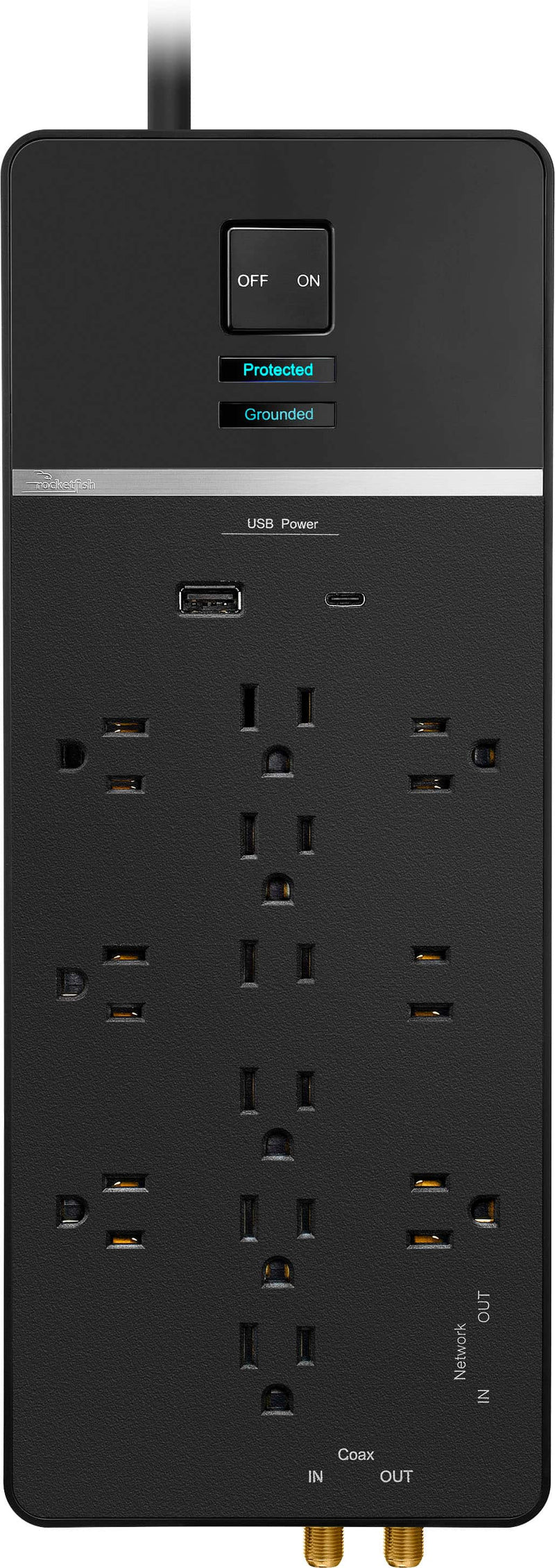 Rocketfish - 12-Outlet Strip/1-USB-C/1-USB 4680 Joules Surge Protector - Black