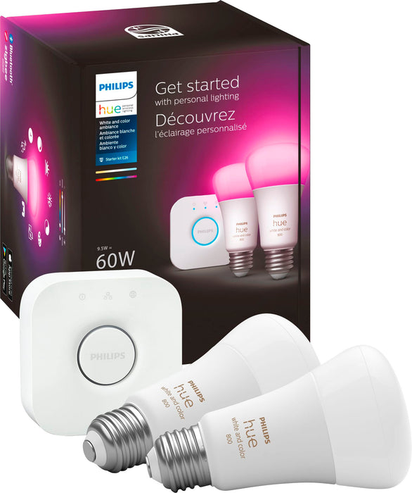 Philips - Hue A19 Bluetooth 60W Smart LED Starter Kit - White and Color Ambiance