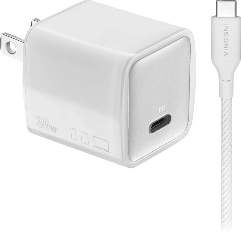 Insignia - 30W USB-C Compact Wall Charger Bundle with 6’ USB-C to C cable for Smartphones Tablets and More - White