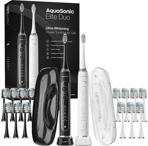 AquaSonic - Elite Duo - Rechargeable Electric Toothbrush Set - 2 Brushes 16 Brush Heads Wireless Travel Cases - White and Black