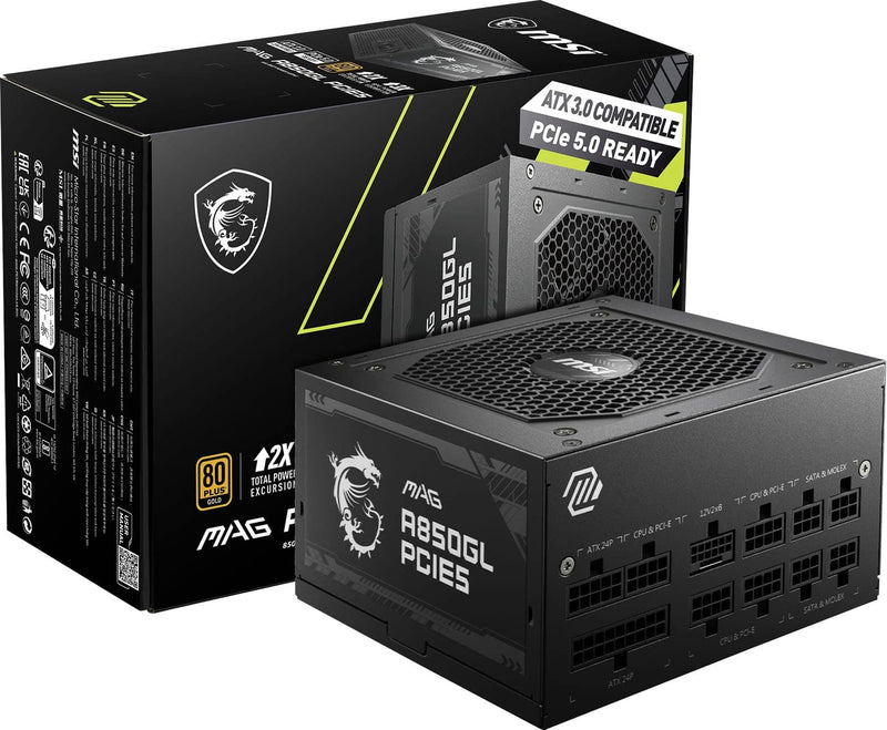 MSI - MAG A850GL PCIE5 850W ATX 3.1 PCIe 5.1 Ready Full Modular 80 Plus Gold Gaming Power Supply - Black
