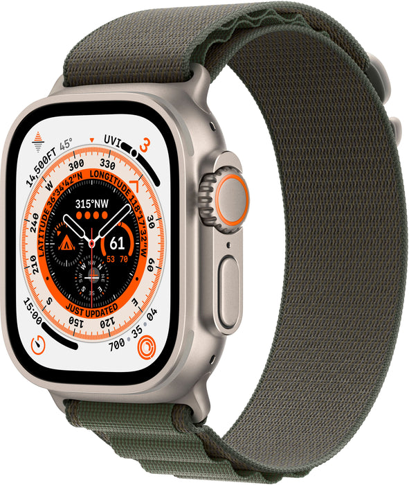 Apple - Geek Squad Certified Refurbished Watch Ultra (GPS + Cellular) 49mm Titanium Case with Green Alpine Loop - Large - Silver - (2022)