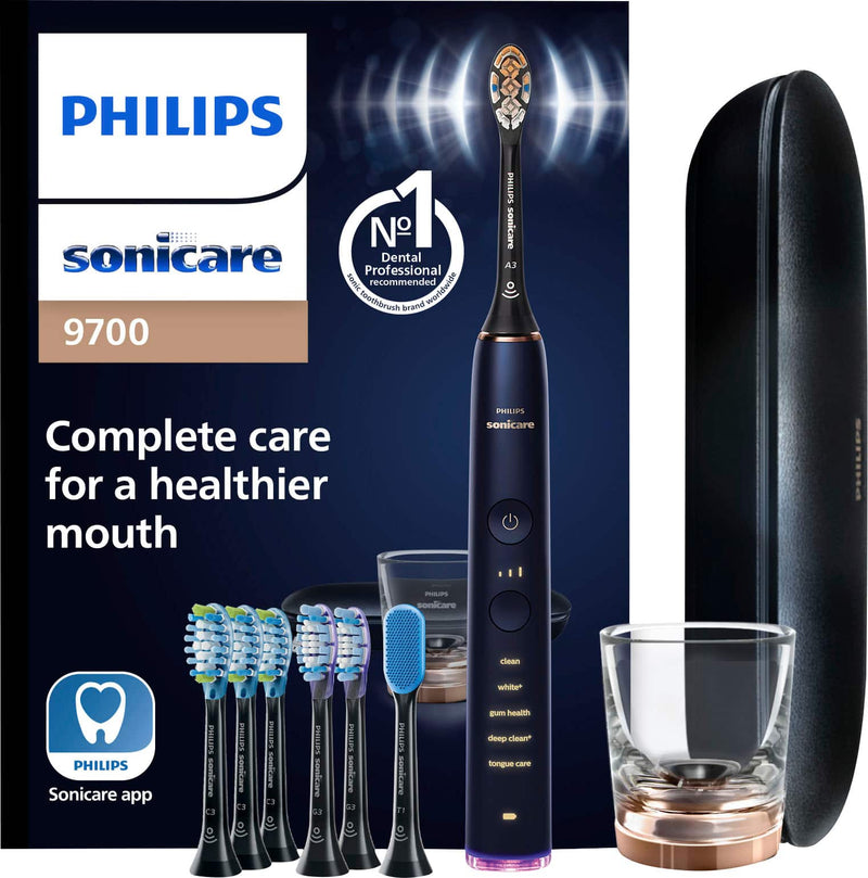 Philips Sonicare - DiamondClean Smart Electric Rechargeable toothbrush with Charging Travel Case and 8 Brush Heads - Lunar Blue