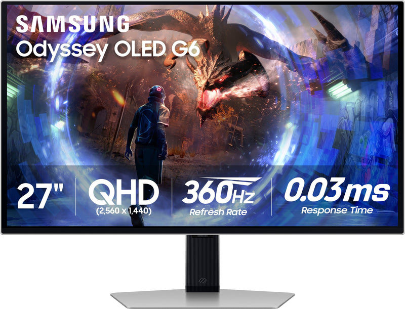 Samsung - 27" Odyssey OLED G6 (G60SD) QHD 360Hz 0.03ms FreeSync Premium Pro Gaming Monitor with HDR - Silver