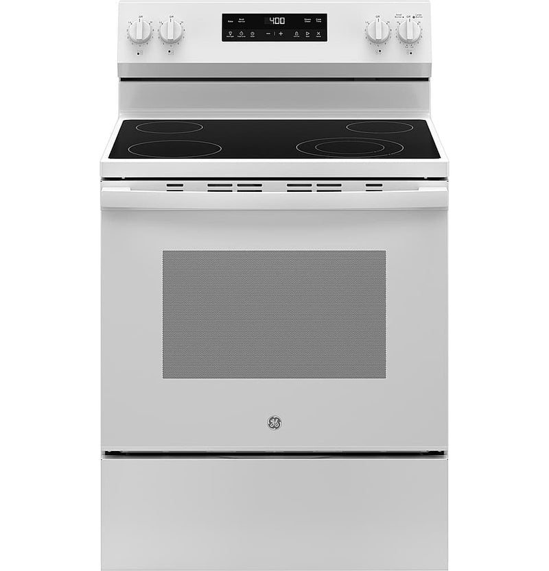 GE - 5.3 Cu. Ft. Freestanding Electric Range with Steam Cleaning and 4 Burner Radiant Cooktop - White