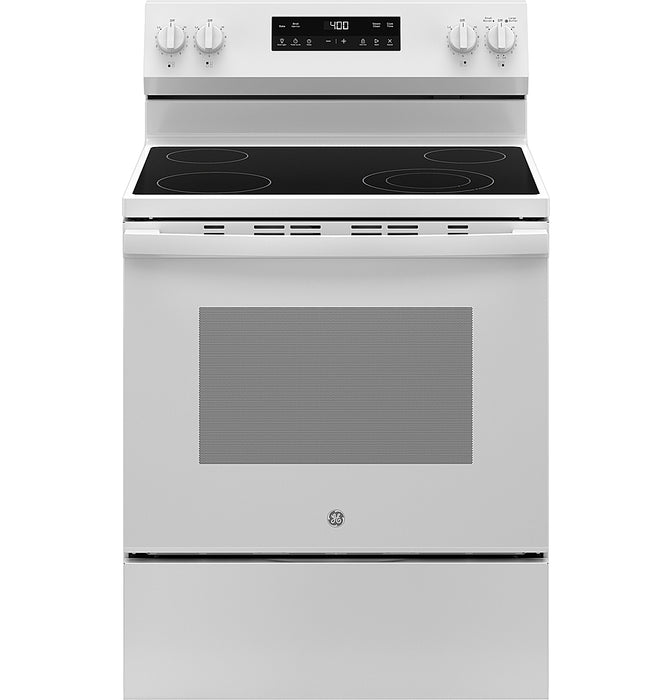 GE - 5.3 Cu. Ft. Freestanding Electric Range with Steam Cleaning and 4 Burner Radiant Cooktop - White