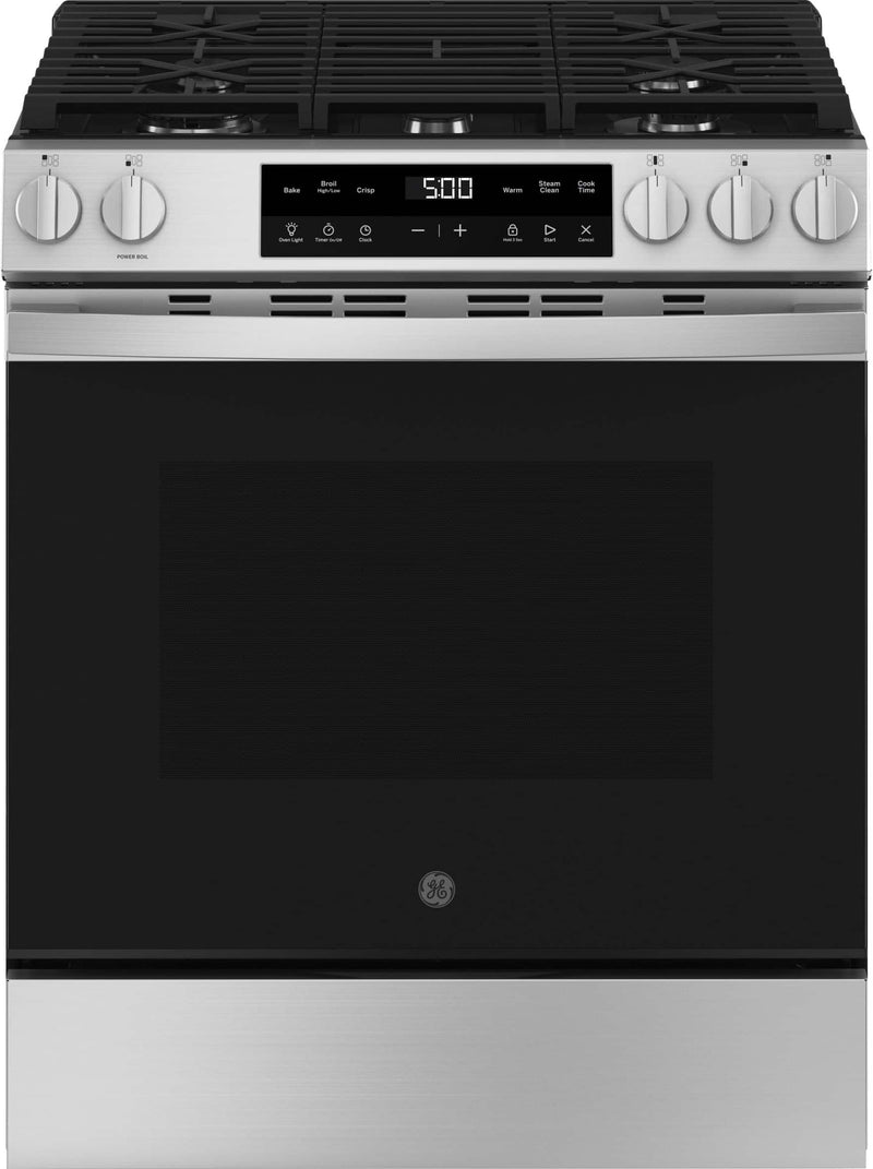 GE - 5.3 Cu. Ft. Slide In Gas Range with Steam Cleaning and Crisp Mode - Stainless Steel