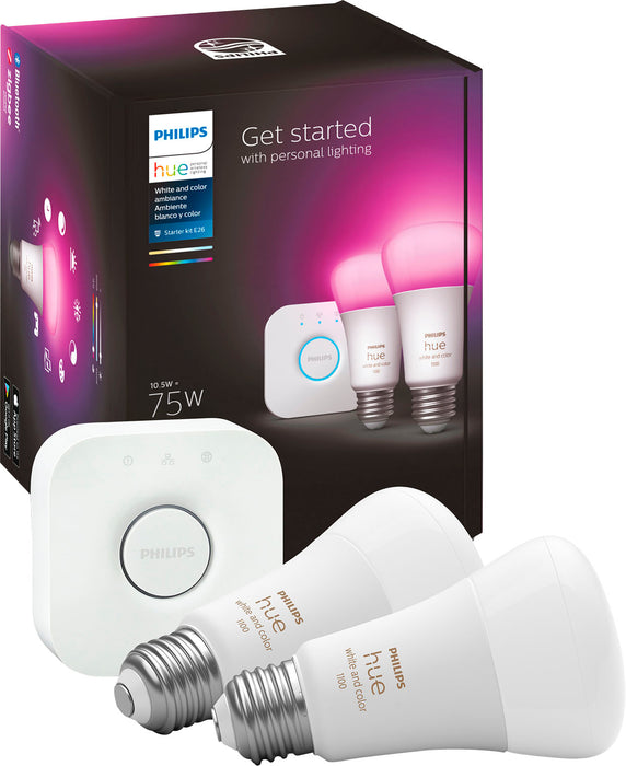 Philips - Hue Color A19 Smart LED Bulb 2PK + Hue Bridge - White and Color Ambiance