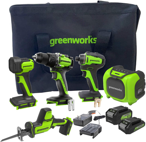 Greenworks - 24V 5 Tool Combo Kit - Drill Impact Driver Recip Saw Light Bluetooth Speaker 2Ah + 4Ah Batteries  Charger - Green