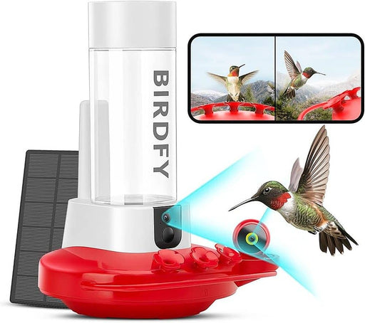 BIRDFY - Hummingbird Feeder for Outdoors Hanging Ant Proof with Dual Cameras Solar Power  AI Enabled Bird Recognition - Red and White