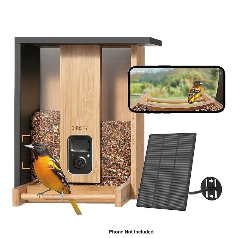 BIRDFY - Smart Wild Bird Feeder with Camera for Outdoor  AI Enabled Bird Recognition  Solar Power - Natural Bamboo  Black