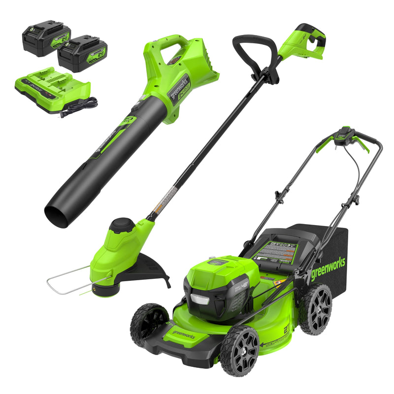 Greenworks 24-volt Cordless Battery String Trimmer and Leaf Blower and Lawn Mower and Combo Kit 5 Ah (Battery Included) (Charger Included)