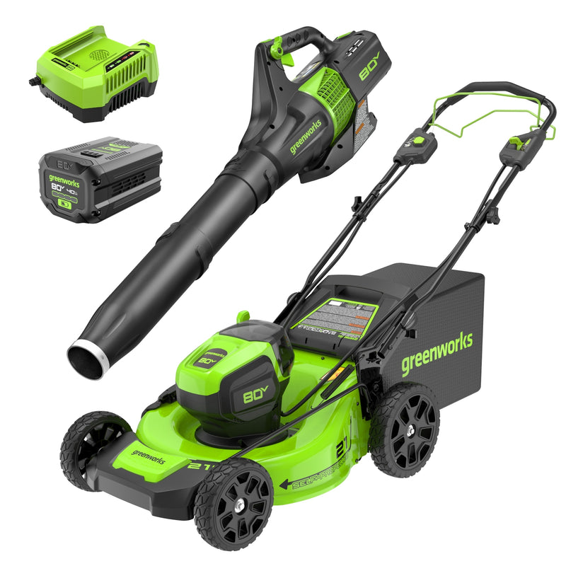 Greenworks 80-volt Cordless Battery Leaf Blower and Lawn Mower and Combo Kit 4 Ah (Battery Included) (Charger Included)