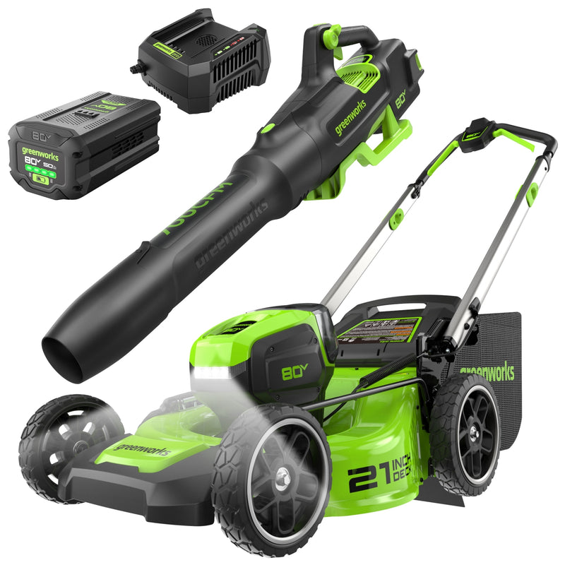 Greenworks 80-volt Cordless Battery Leaf Blower and Lawn Mower and Combo Kit 5 Ah (Battery Included) (Charger Included)
