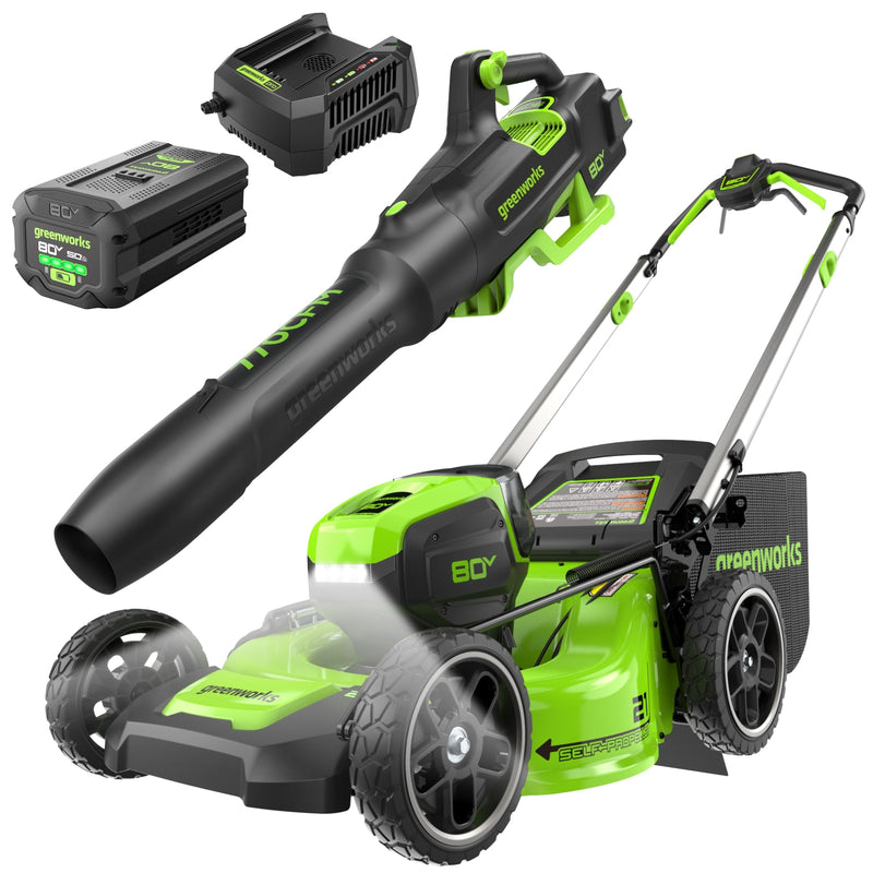 Greenworks 80-volt Cordless Battery Leaf Blower and Lawn Mower and Combo Kit 5 Ah (Battery Included) (Charger Included)