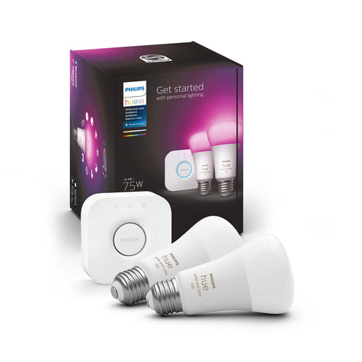 Philips - Hue Color A19 Smart LED Bulb 2PK + Hue Bridge - White and Color Ambiance