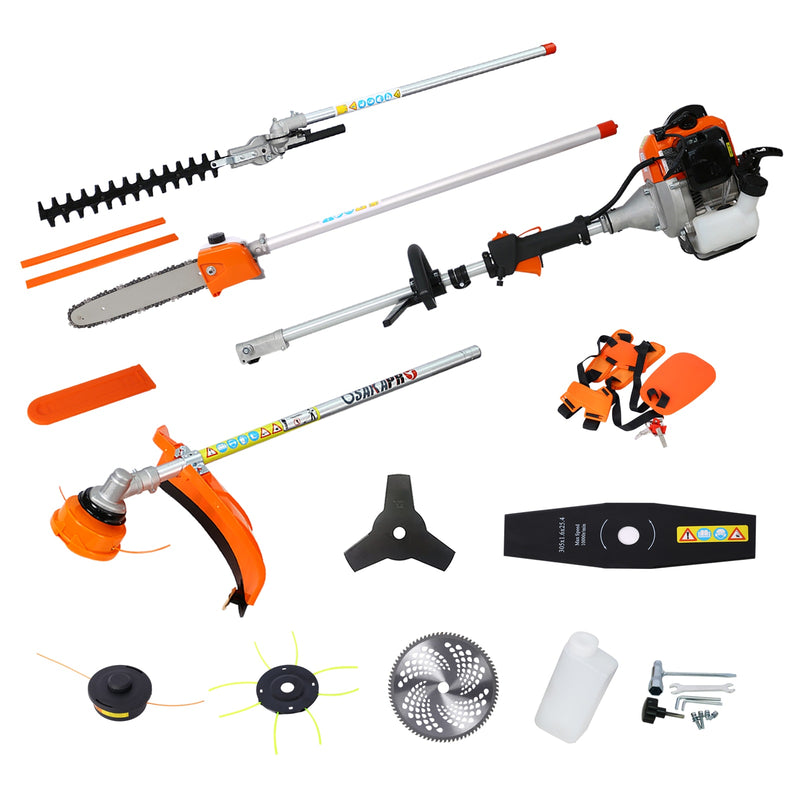 Tatayosi 8 in 1 Multi-Functional Trimming Tool 56CC 2-Cycle Garden Tool System with Gas Pole Saw Hedge Trimmer Grass Trimmer and Brush Cutter EPA Compliant