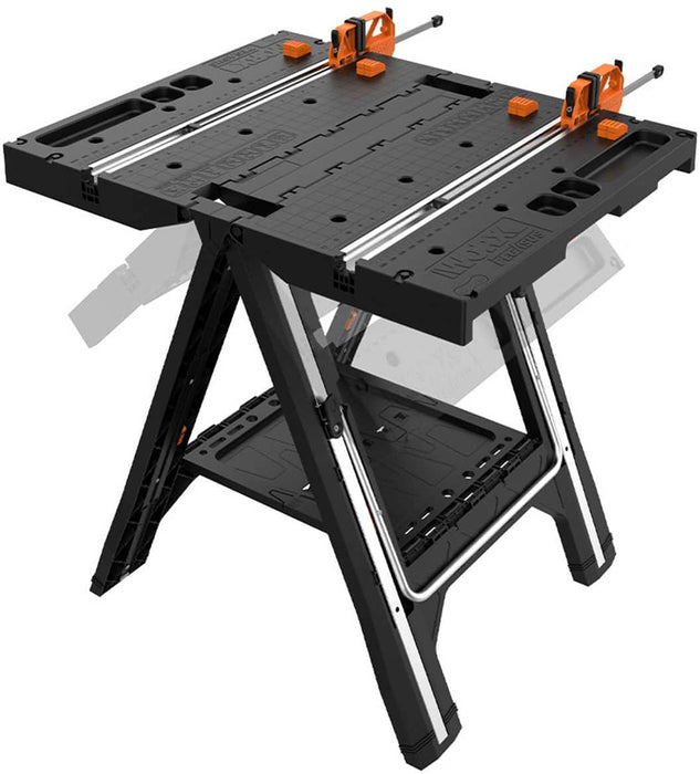 WORX - Pegasus 2-in-1 Folding Work Table  Sawhorse Easy Setup Portable Lightweight Workbench Includes 2 Clamps  4 Clamp Dogs - Black