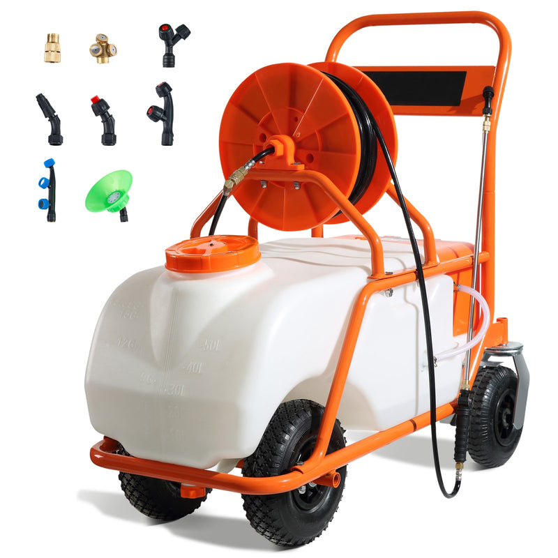 VEVOR Battery Powered Lawn Sprayer on Wheel  0-90 PSI Adjustable Pressure  15 Gallon Tank  Cart Sprayer with 8 Nozzles and 2 Wands  12V 12Ah Battery  Wide Mouth Lid for Weeding  Spraying
