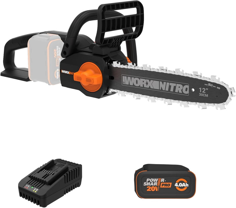 WORX Nitro Power Share Brushless 20-volt 12-in Battery 4 Ah Chainsaw Battery Included Charger Included