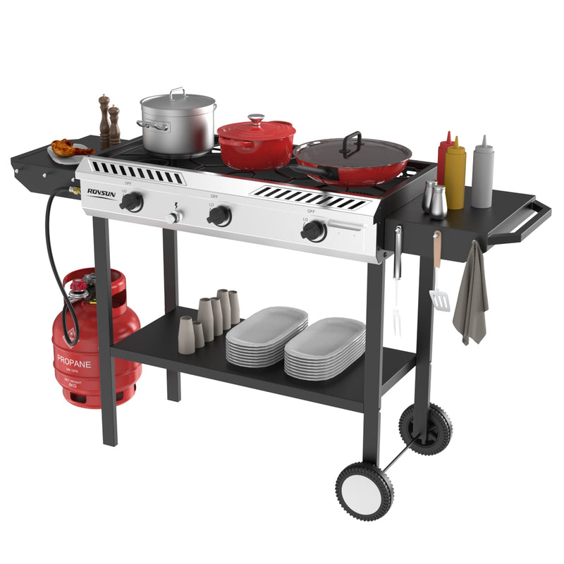 ROVSUN Outdoor Stove 3-Burner 225000 BTU Propane Gas Stove with Auto Ignition Side Shelves Rolling Wheels and Regulator