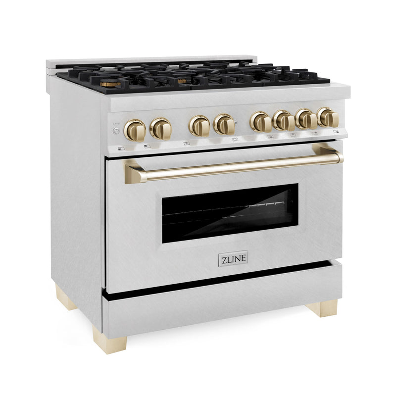 ZLINE - Autograph 36" Legacy Dual Fuel Range in DuraSnow Steel  Gold Accents (RASZ-SN-36-G) - Stainless steel