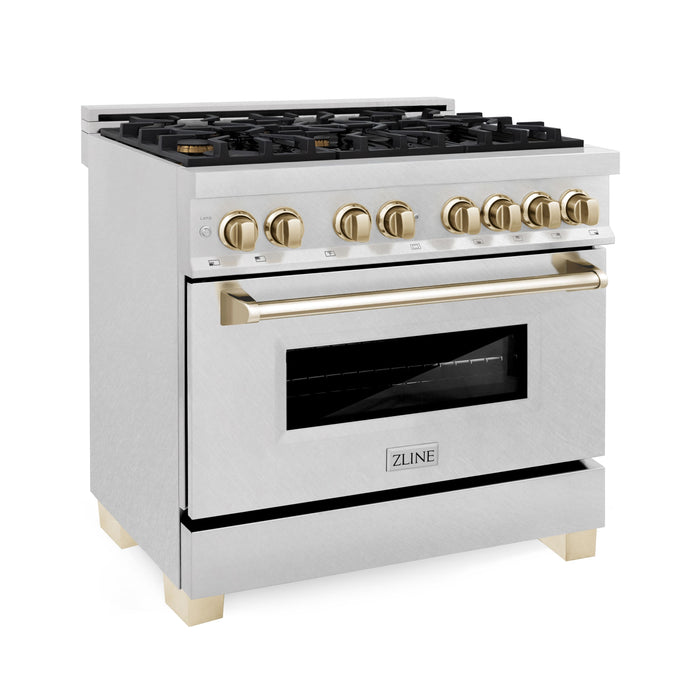 ZLINE - Autograph 36" Legacy Dual Fuel Range in DuraSnow Steel  Gold Accents (RASZ-SN-36-G) - Stainless Steel