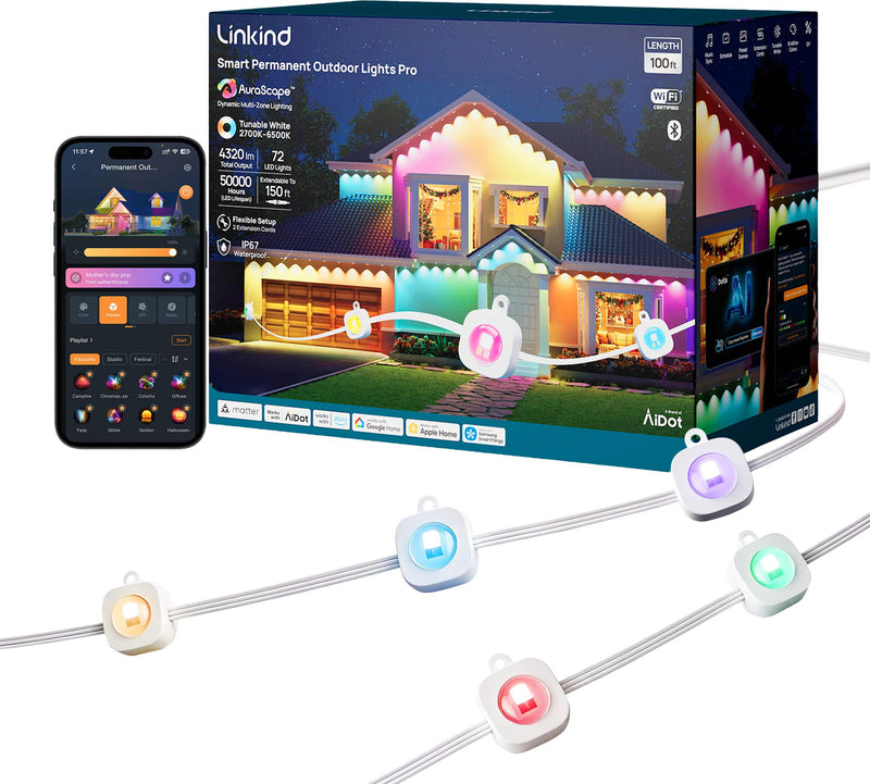 Linkind - 100ft Smart Permanent Outdoor Lights Pro with 72 LED Lights RGBTW Music Mode Matter IP67 Halloween  Christmas - White
