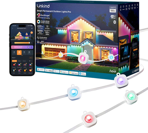 Linkind - 100ft Smart Permanent Outdoor Lights Pro with 72 LED Lights RGBTW Music Mode Matter IP67 Halloween  Christmas - White