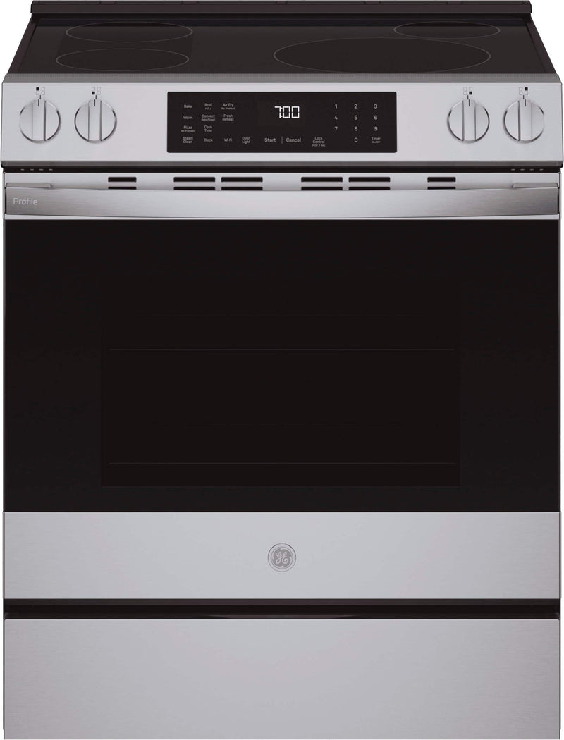 GE Profile - 5.3 Cu. Ft. Slide-In Electric Induction Convection Range with No Preheat Air fry and EasyWash Oven Tray Cleaning System - Stainless Steel