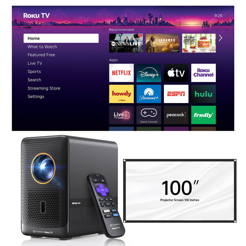 Vankyo - Performance H500R Native 1080P Portable Projector with Built-in Roku TV 100 Screen - Black