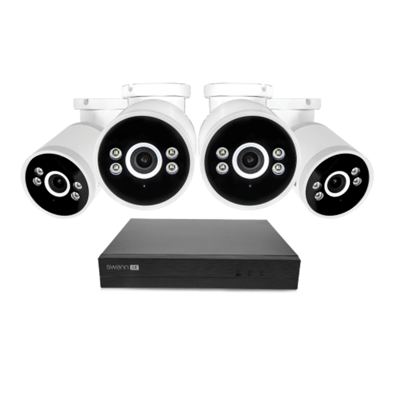 Swann - AdvancedX Series / NVR-8ADVANX / 1TB / 4x NHD-ADVANXB 4K Spotlight Bullet IP Cameras / Power over Ethernet (PoE) - Black