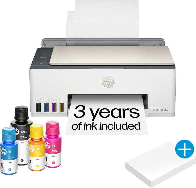 HP - Smart Tank 5103 Wireless AI-Enabled AiO Supertank Inkjet Printer w/ 3 Years of Ink¹  100 Sheets of Photo Paper - White