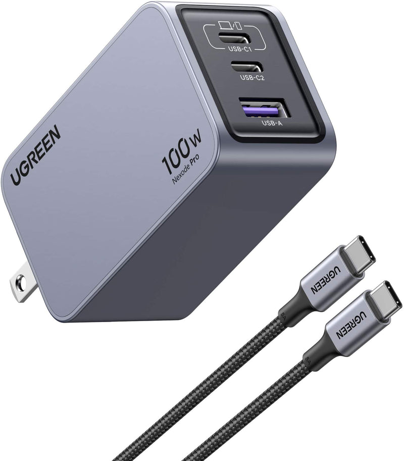 UGREEN - Nexoede Pro 100W USB-C Charger Set PPS 3-Port Compact Foldable GaN Charger for MacBook Pro/Air iPad iPhone Series - Space Gray
