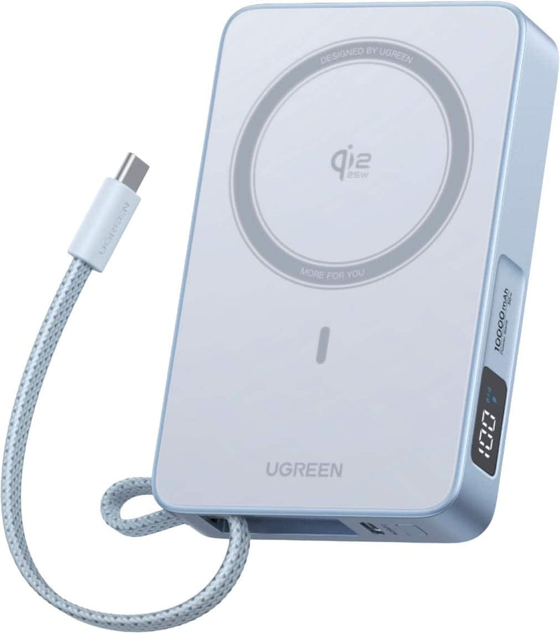 UGREEN - MagFlow Qi2.2 25W Magnetic Power Bank for MagSafe 10000mAh Portable Charger with Built-in USB-C Cable - Blue