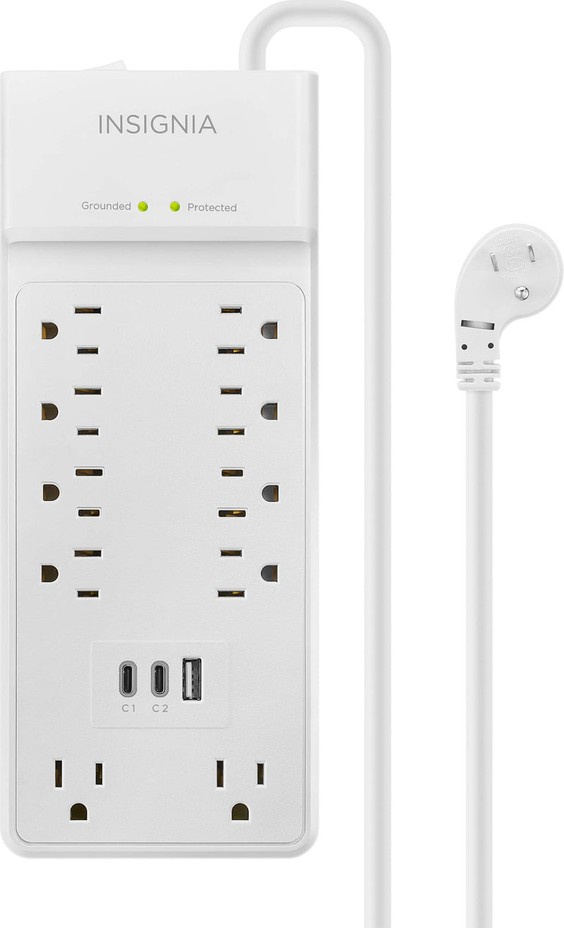 Insignia - 10-Outlet / 2-USB-C / 1-USB 2400 Joules Surge Protector Strip with 6 ft. Power Cord - White